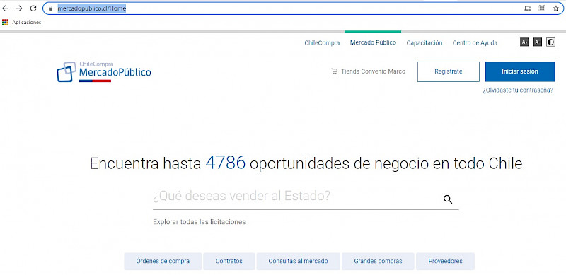 Vista previa del Home de la plataforma transaccional mercadopublico.cl